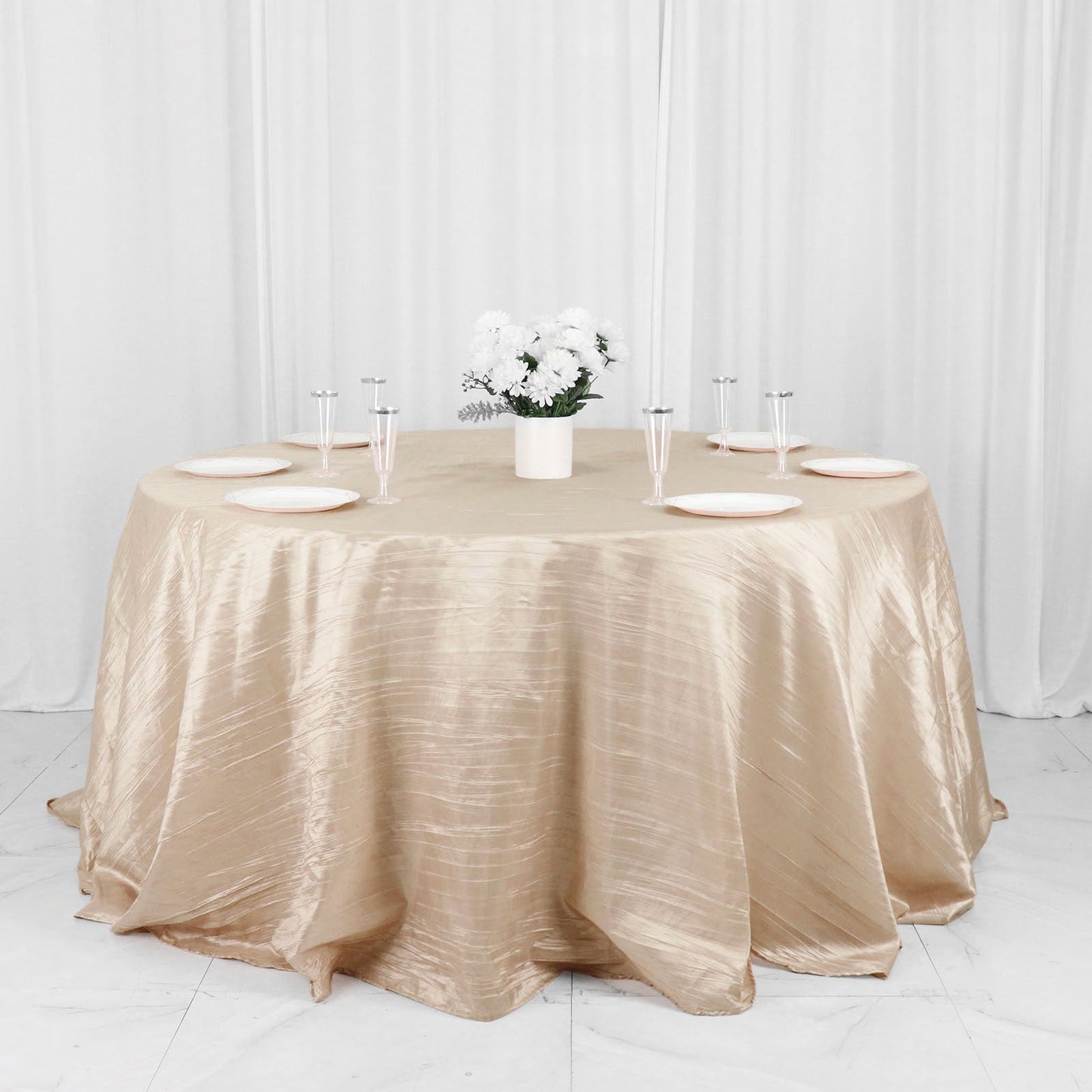 132" Beige Accordion Crinkle Taffeta Seamless Round Tablecloth