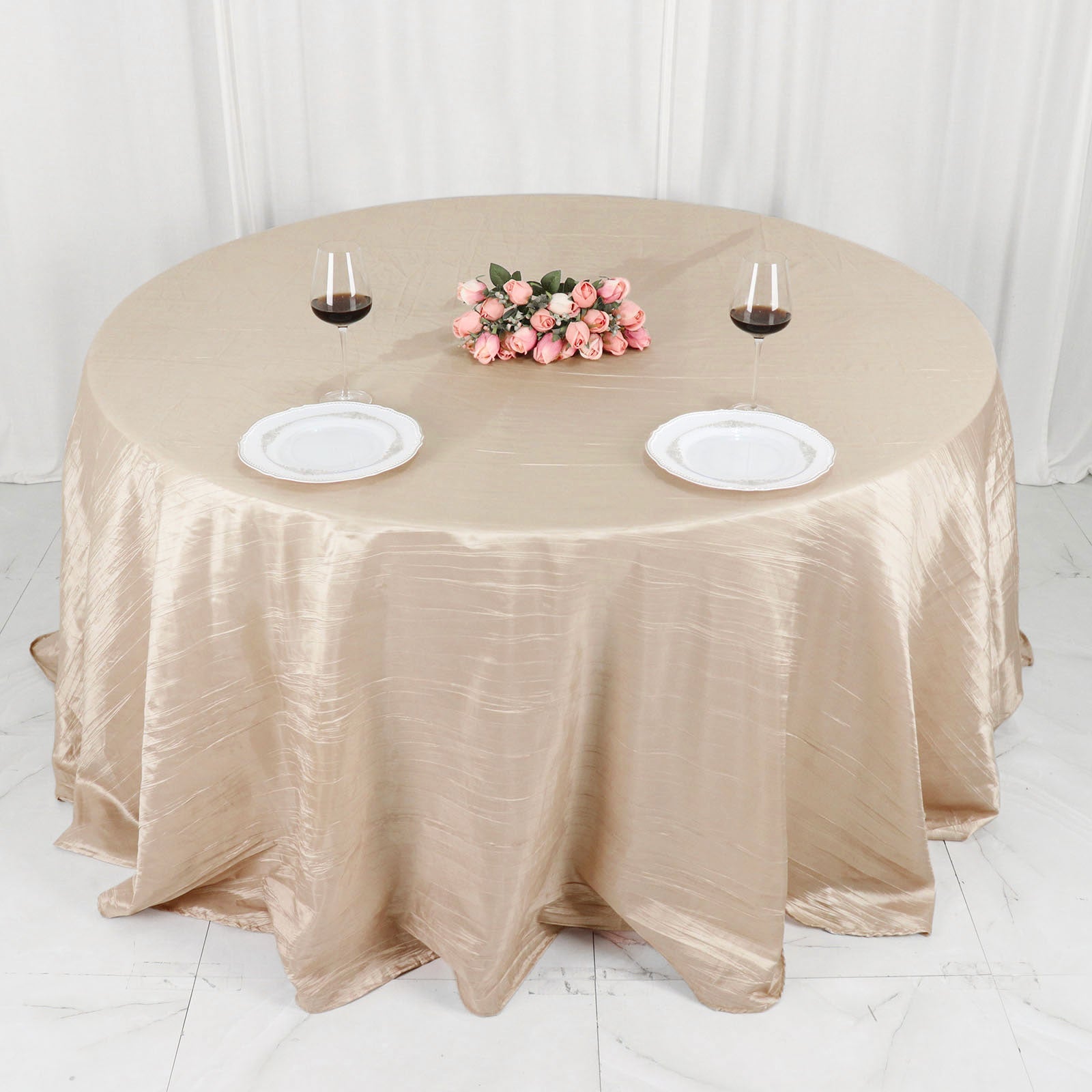 132 Inch Round Table Beige Accordion Taffeta Tablecloth