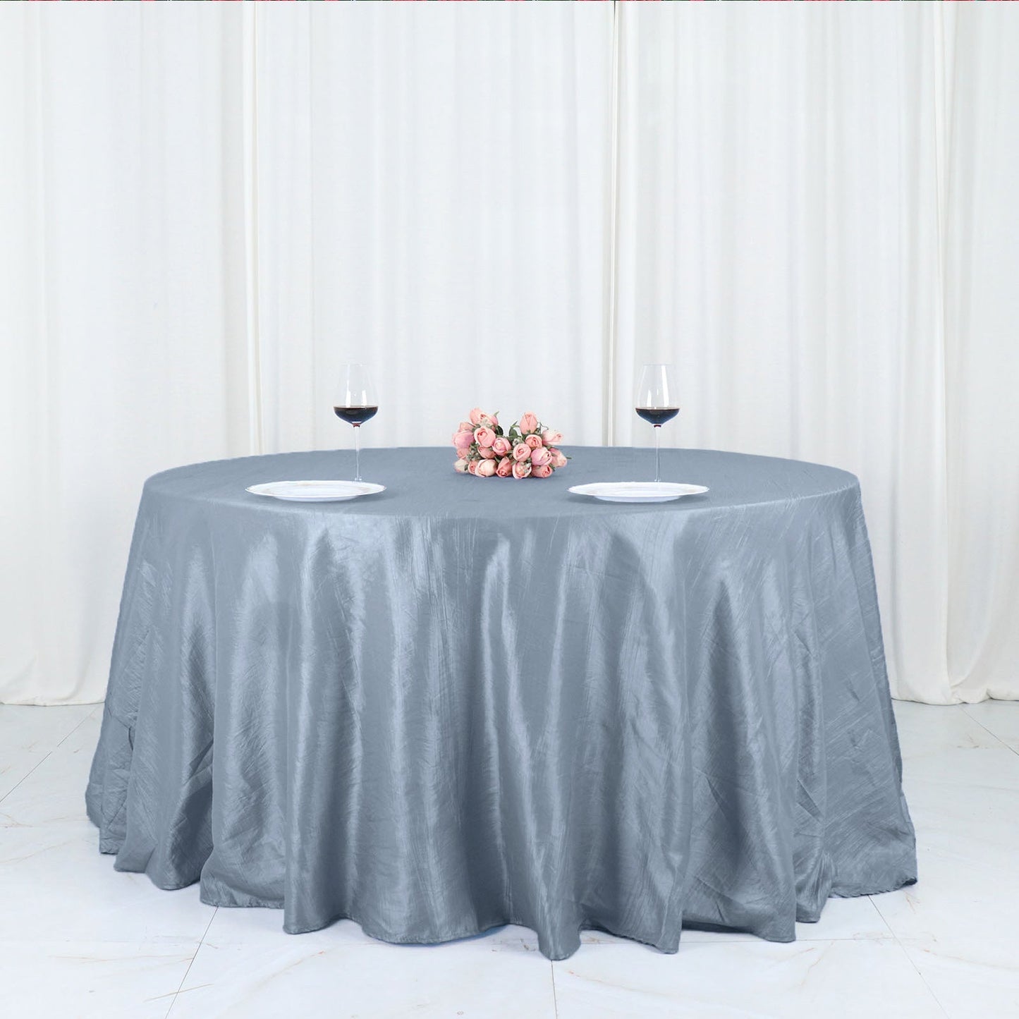132 Inch Round Tablecloth Dusty Blue Seamless Crinkle Taffeta