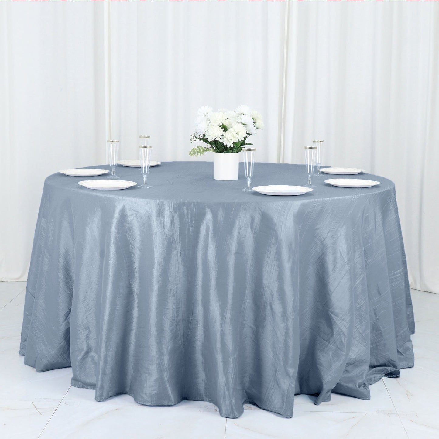 132" Dusty Blue Accordion Crinkle Taffeta Seamless Round Tablecloth