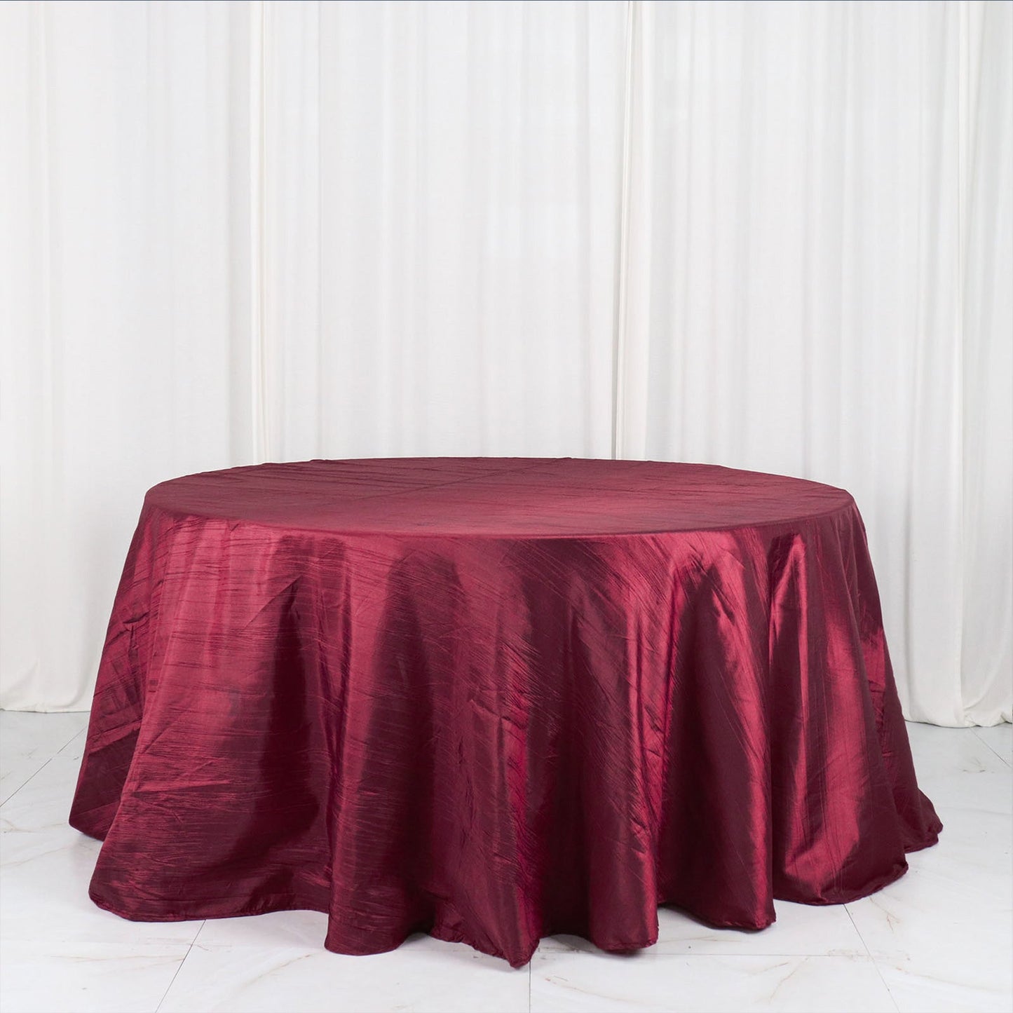 132 Inch Round Tablecloth Burgundy Seamless Accordion Taffeta