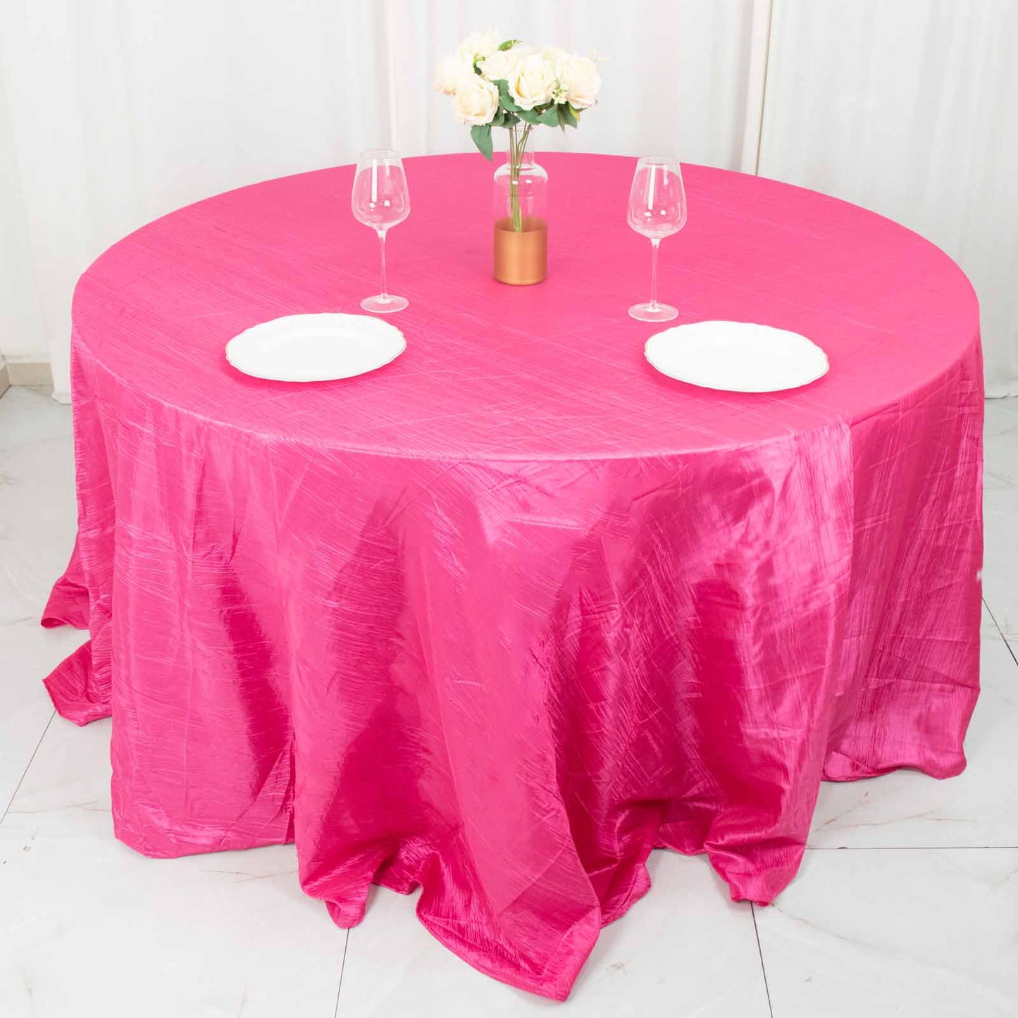 132inch Fuchsia Accordion Crinkle Taffeta Seamless Round Tablecloth