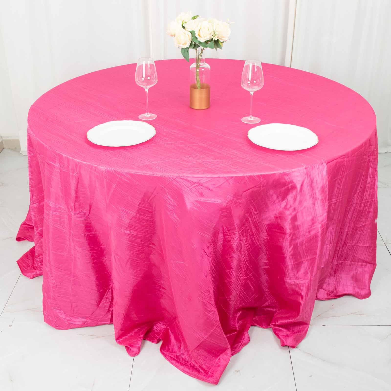 132inch Fuchsia Accordion Crinkle Taffeta Seamless Round Tablecloth