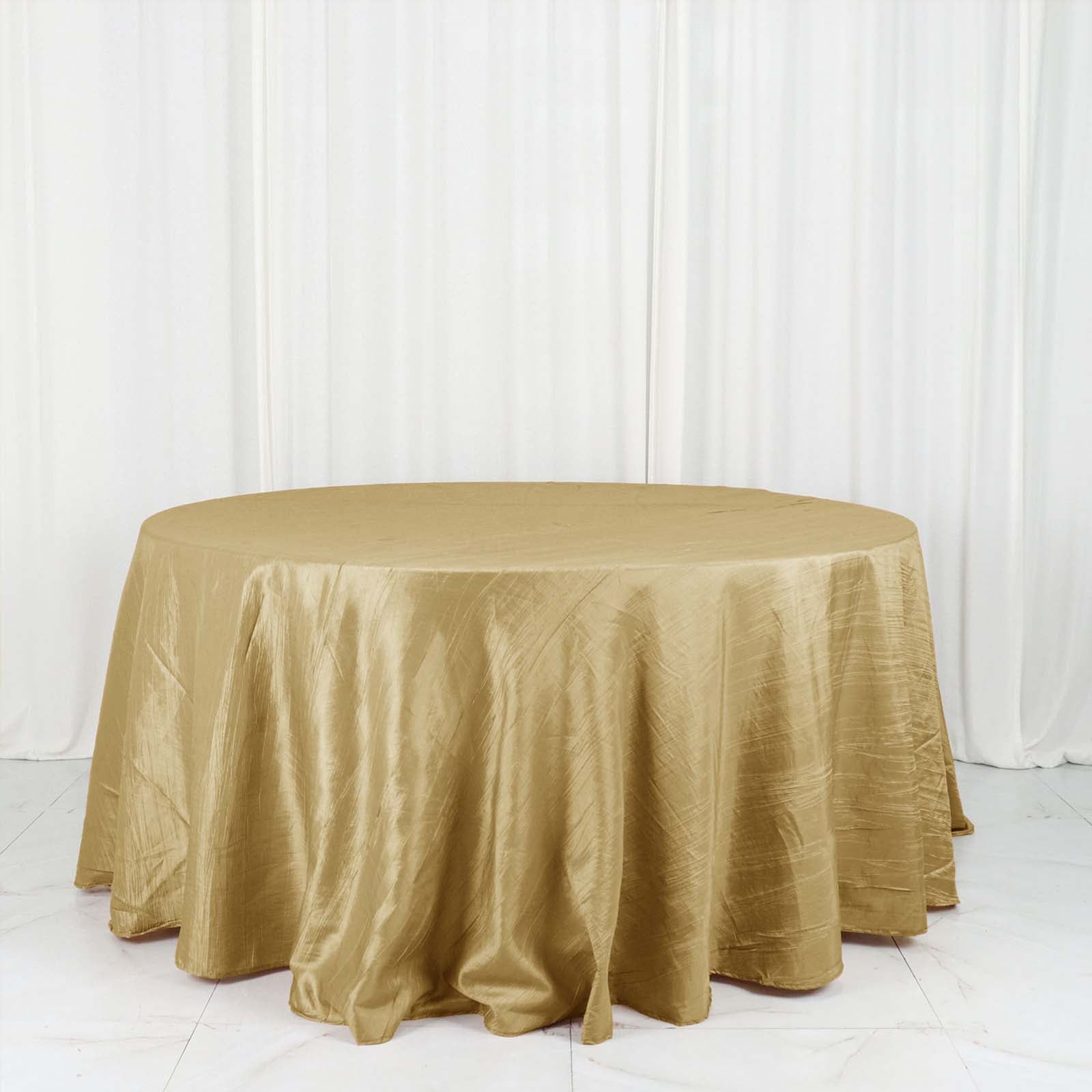 132 Inch Gold Round Tablecloth  Crinkle Taffeta