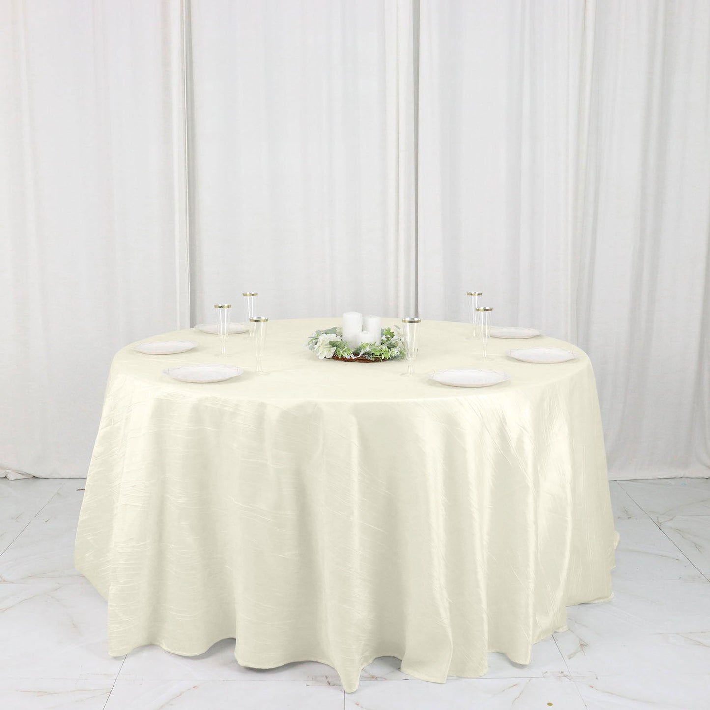 132" Ivory Accordion Crinkle Taffeta Seamless Round Tablecloth