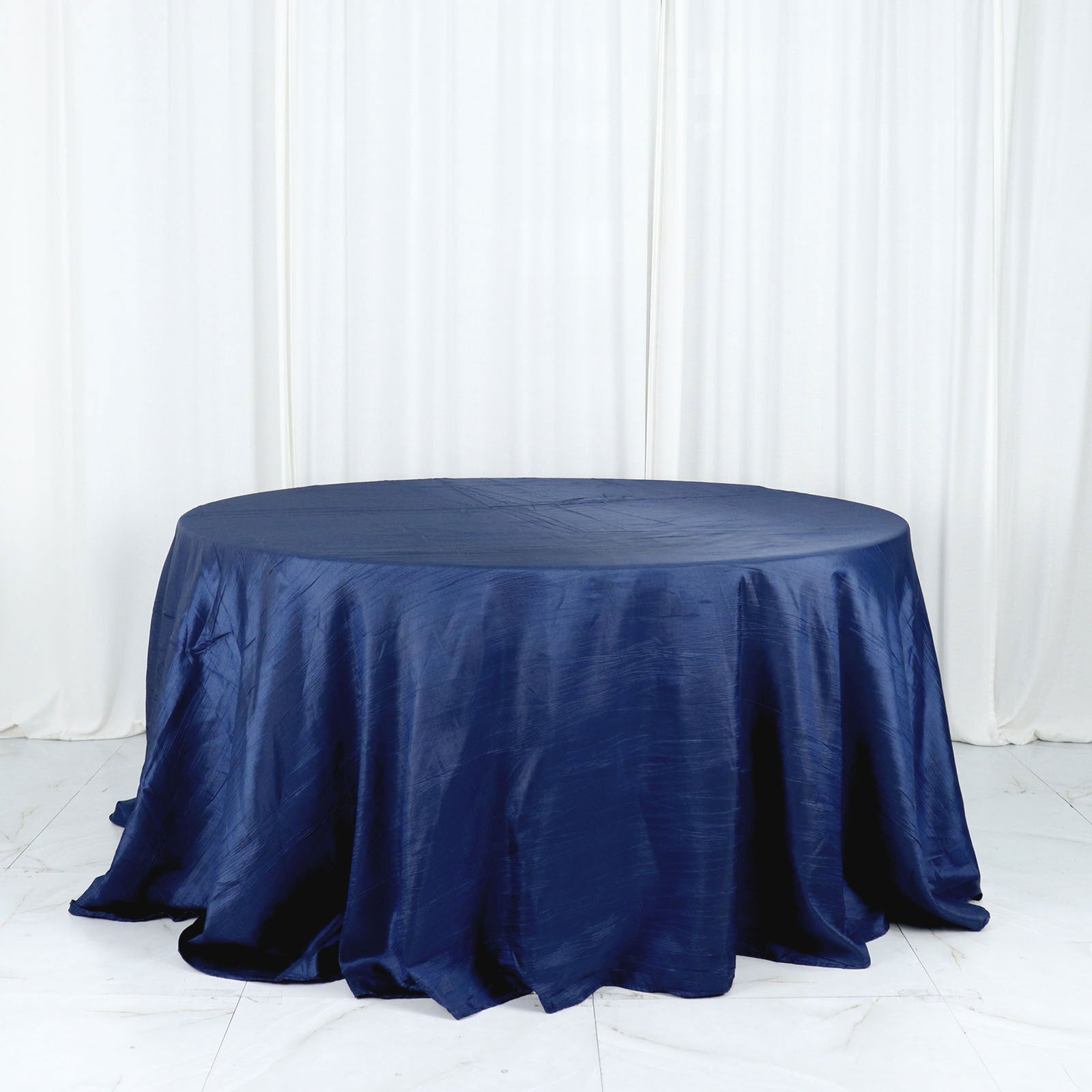 Navy Blue Seamless Round Tablecloth Accordion Crinkle Taffeta 132 Inches