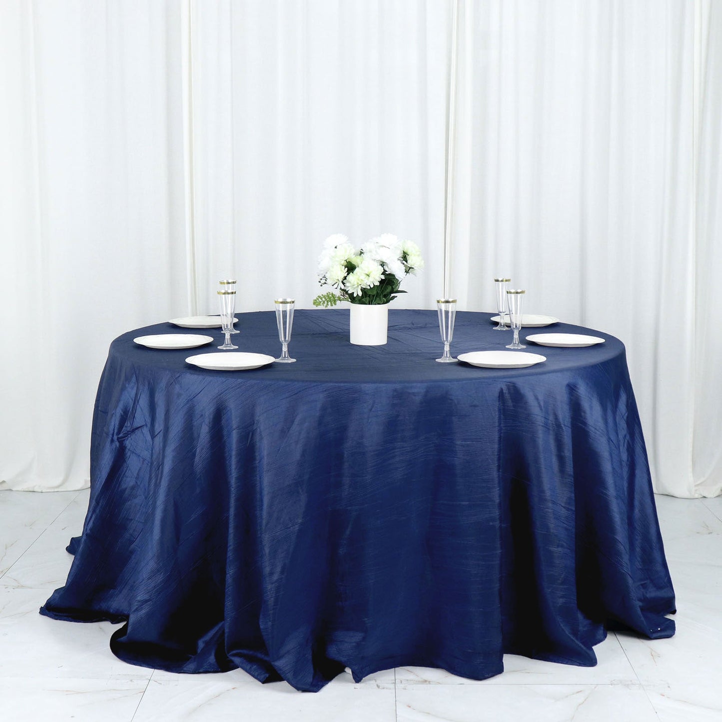 132" Navy Blue Accordion Crinkle Taffeta Seamless Round Tablecloth