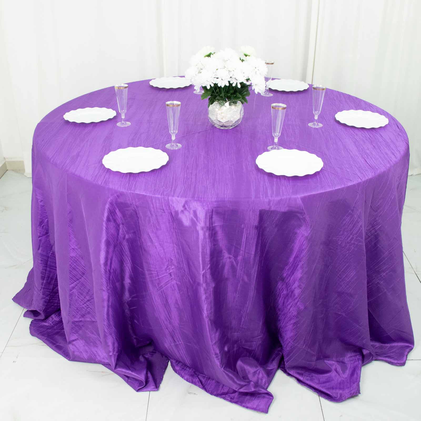 132inch Purple Accordion Crinkle Taffeta Seamless Round Tablecloth
