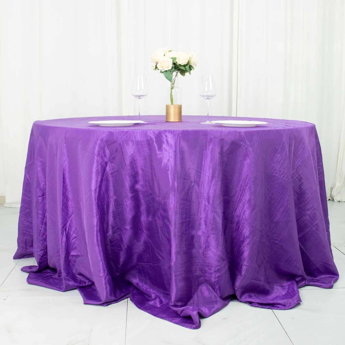 132" Purple Accordion Crinkle Taffeta Seamless Round Tablecloth