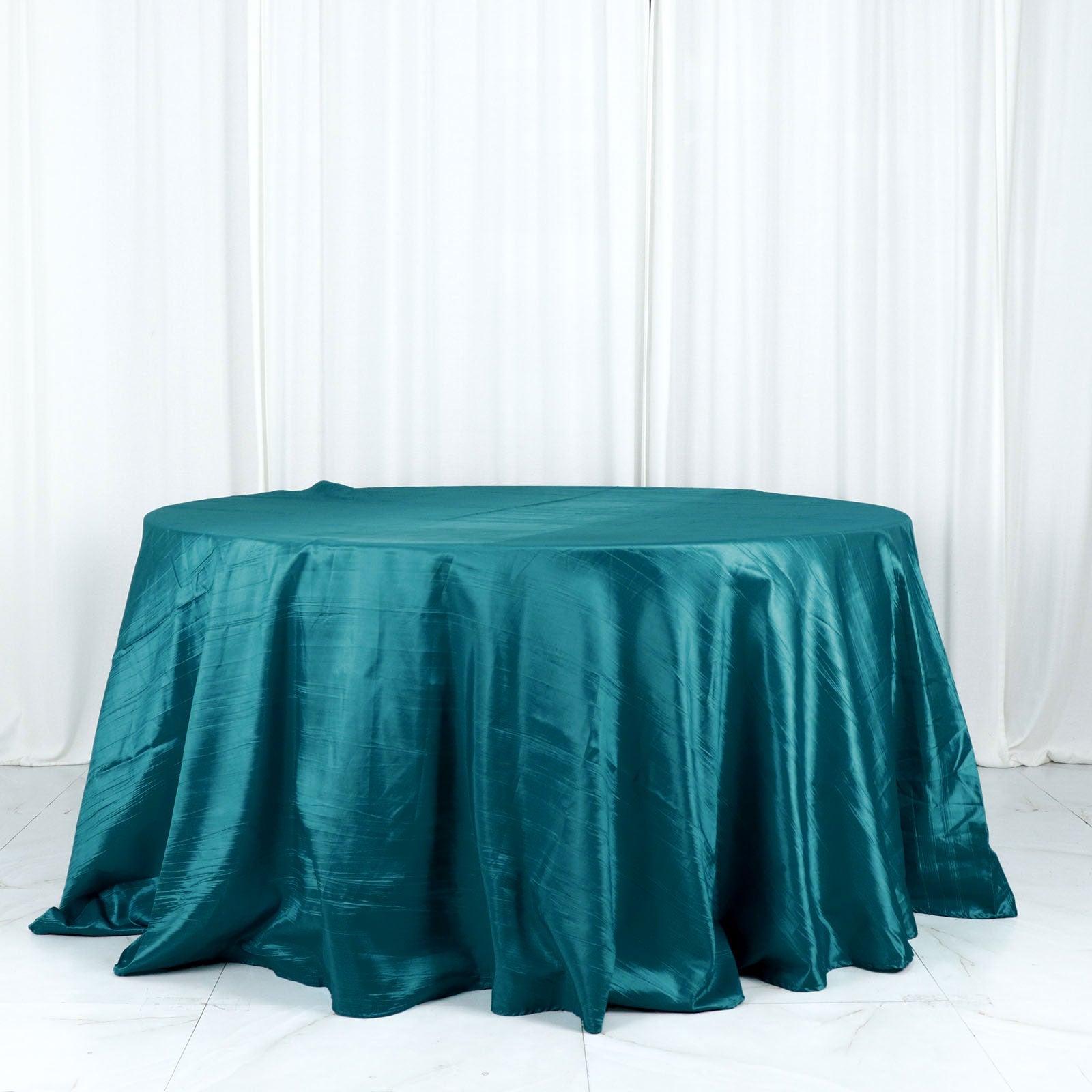 Round Tablecloth Of 132 Inches Peacock Teal Accordion Crinkle Taffeta