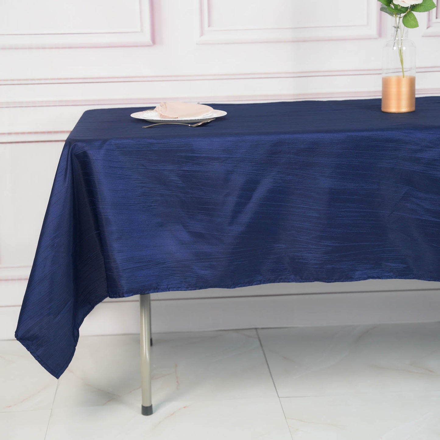 Navy Blue 60 Inch x 102 Inch Tablecloth Rectangular In Accordion Crinkle Taffeta
