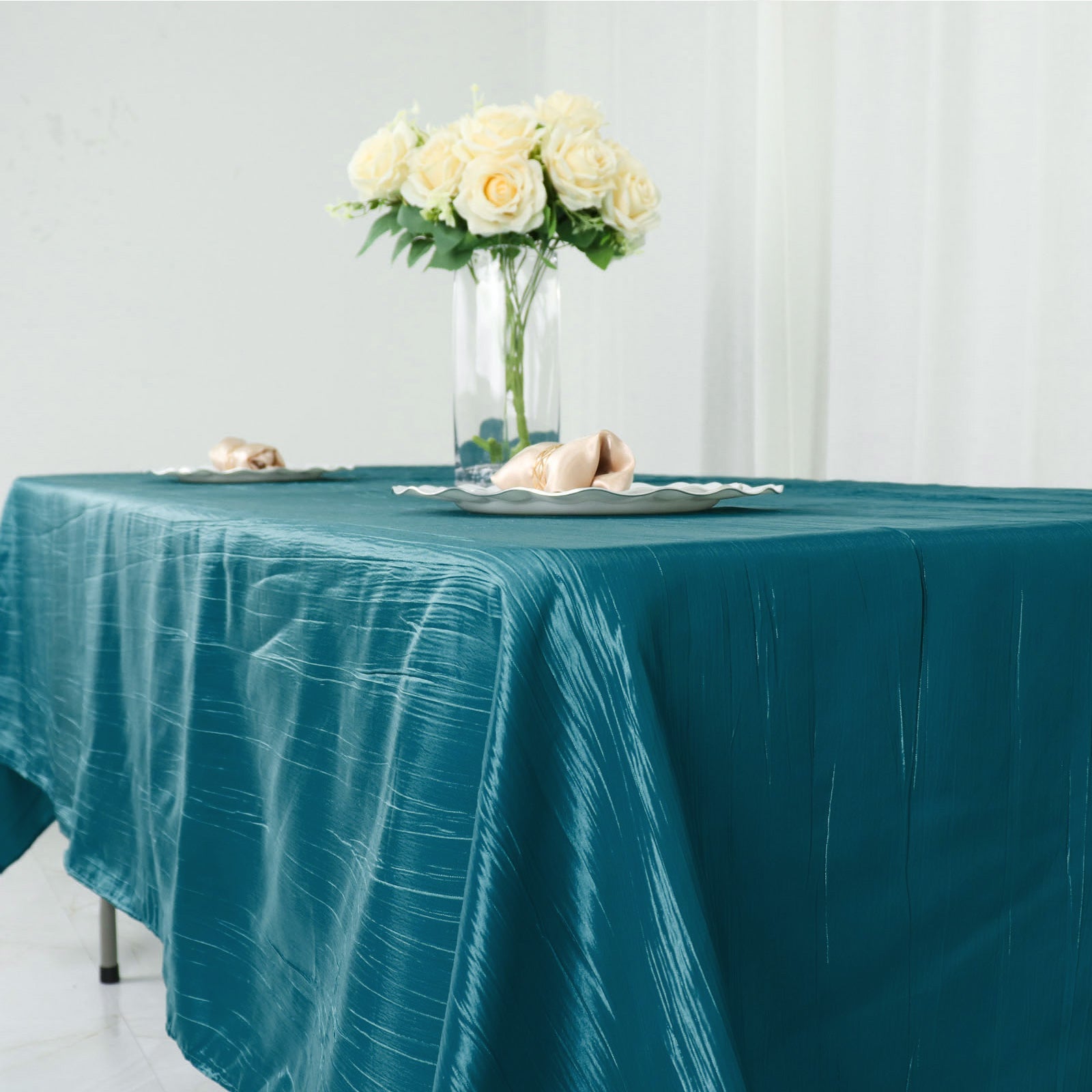 Teal Rectangle Tablecloth in Accordion Crinkle Taffeta Fabric 60 Inch x 102 Inch 
