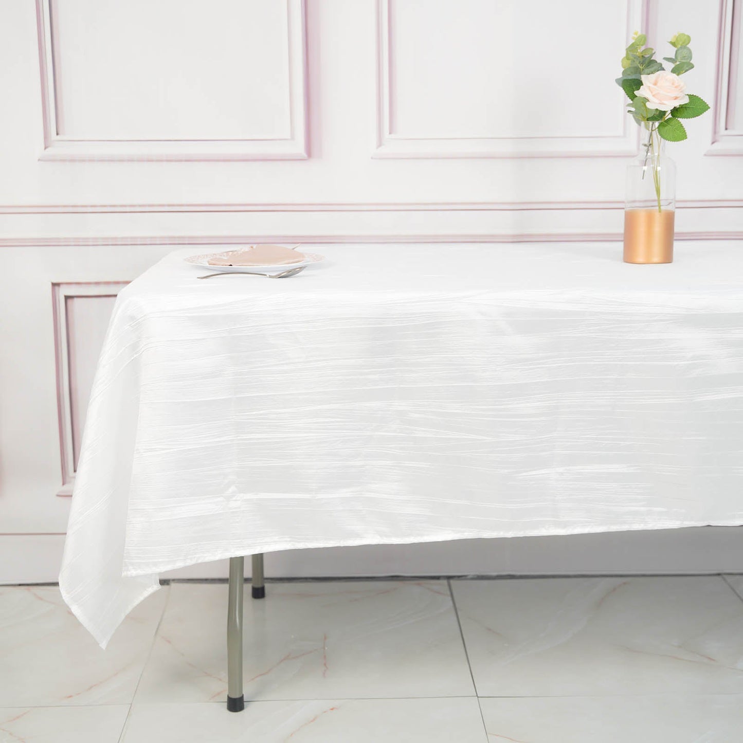60 Inch x 102 Inch White Rectangle Tablecloth In Accordion Crinkle Taffeta