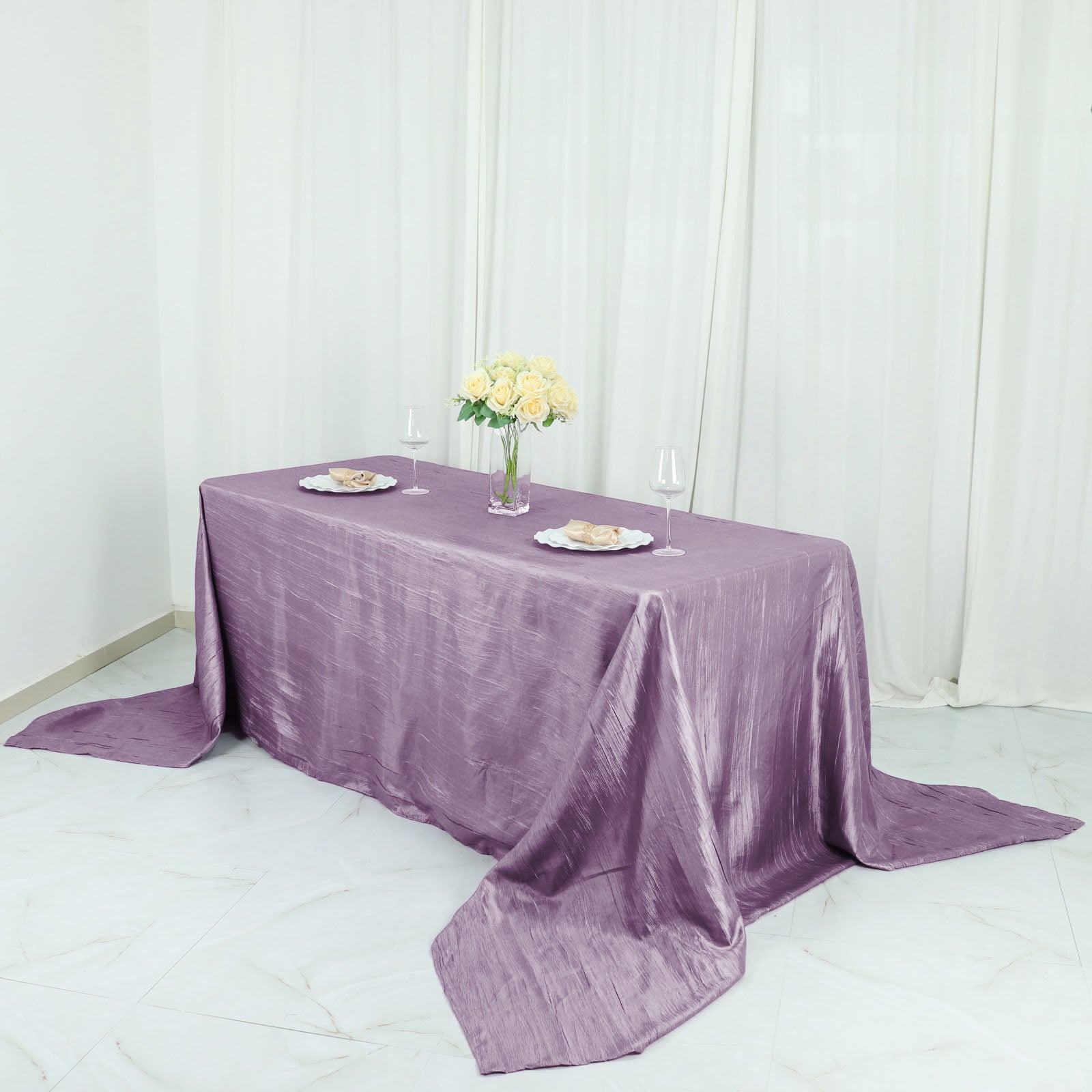 Violet Amethyst Rectangle Tablecloth in Accordion Crinkle Taffeta Fabric 90 Inch x 132 Inch 