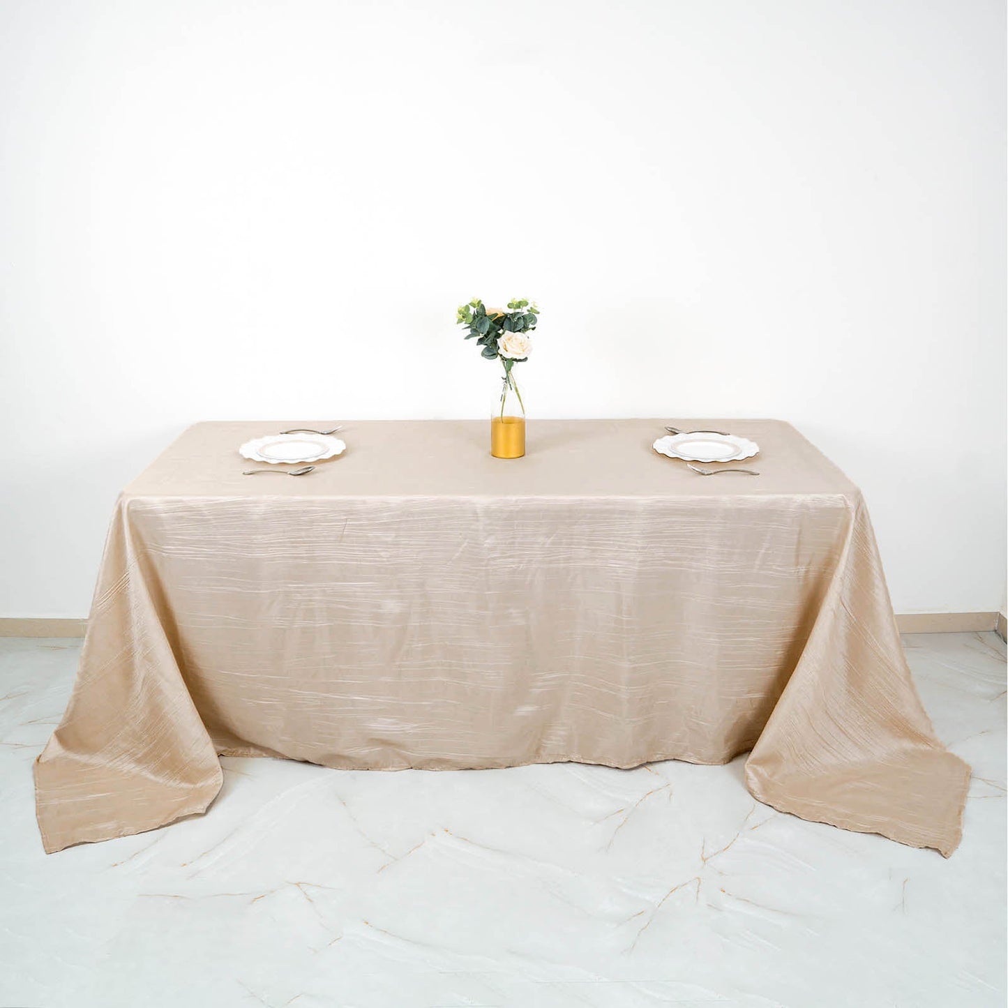 90"x132" Beige Accordion Crinkle Taffeta Seamless Rectangular Tablecloth