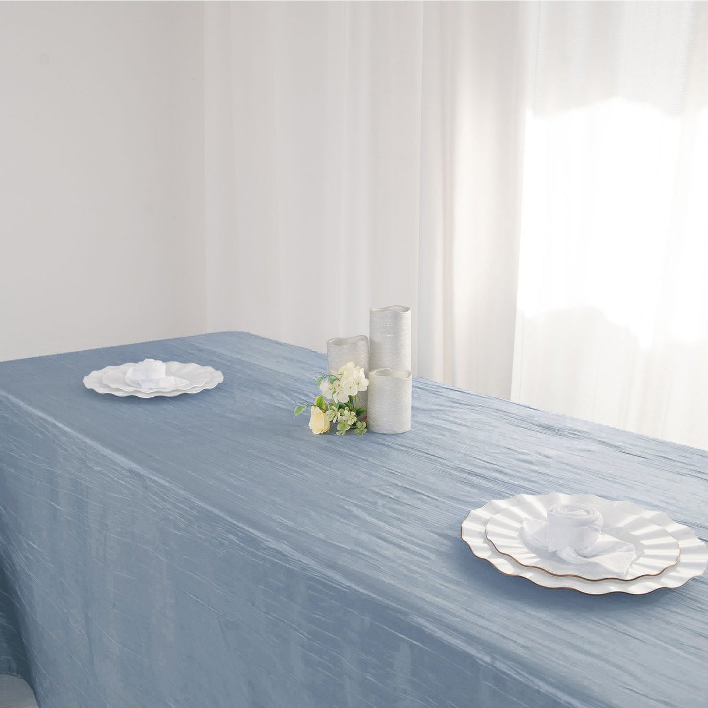 Rectangular Tablecloth 90 Inch x 132 Inch Accordion Crinkle Taffeta In Dusty Blue