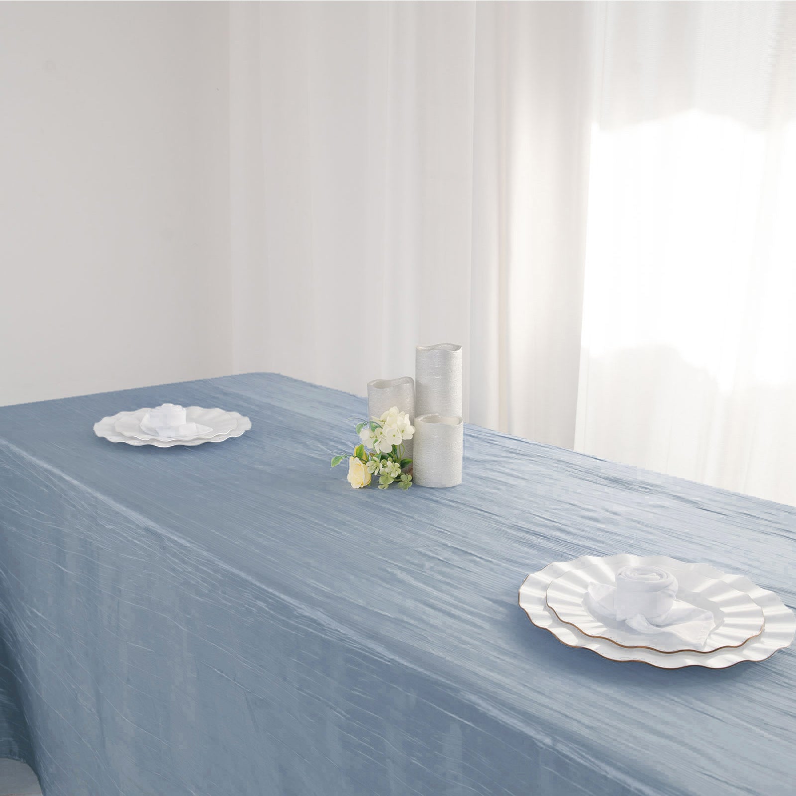 Rectangular Tablecloth 90 Inch x 132 Inch Accordion Crinkle Taffeta In Dusty Blue