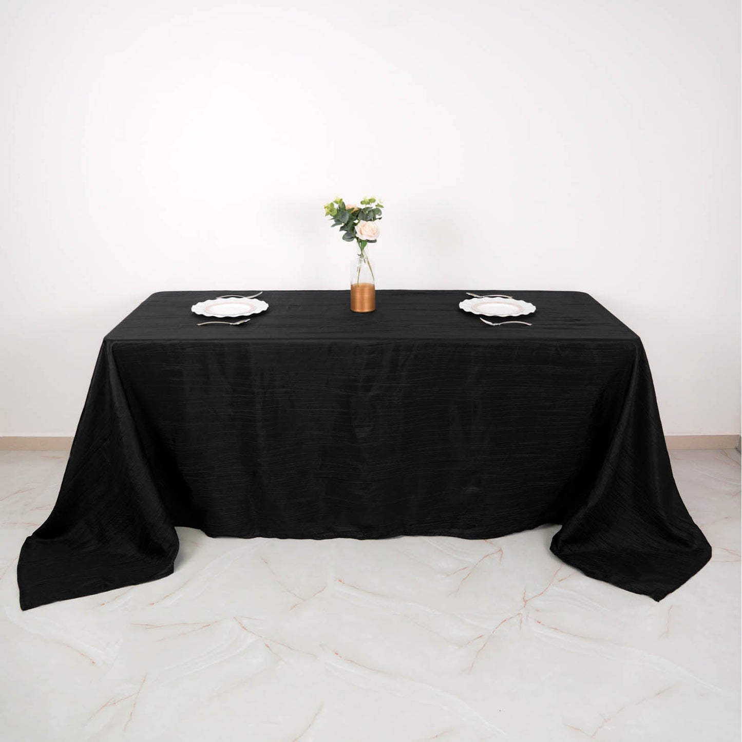 90"x132" Black Accordion Crinkle Taffeta Seamless Rectangular Tablecloth