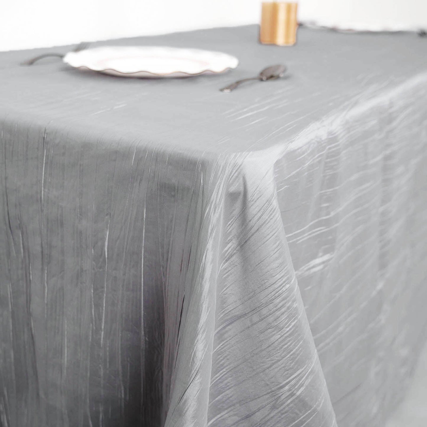 90 Inch x 132 Inch Rectangular Tablecloth Silver Accordion Crinkle Taffeta Fabric
