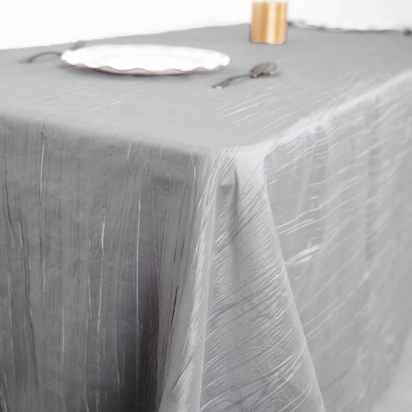 90 Inch x 132 Inch Rectangular Tablecloth Silver Accordion Crinkle Taffeta Fabric
