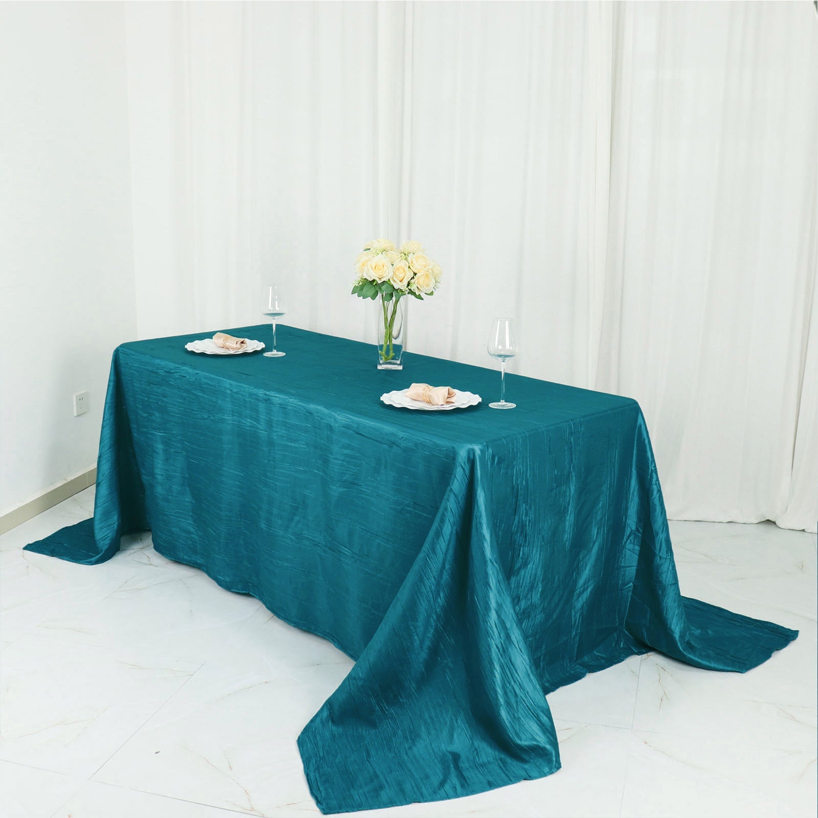 Rectangle Tablecloth in Teal Color and Accordion Crinkle Taffeta Fabric 90 Inch x 132 Inch  