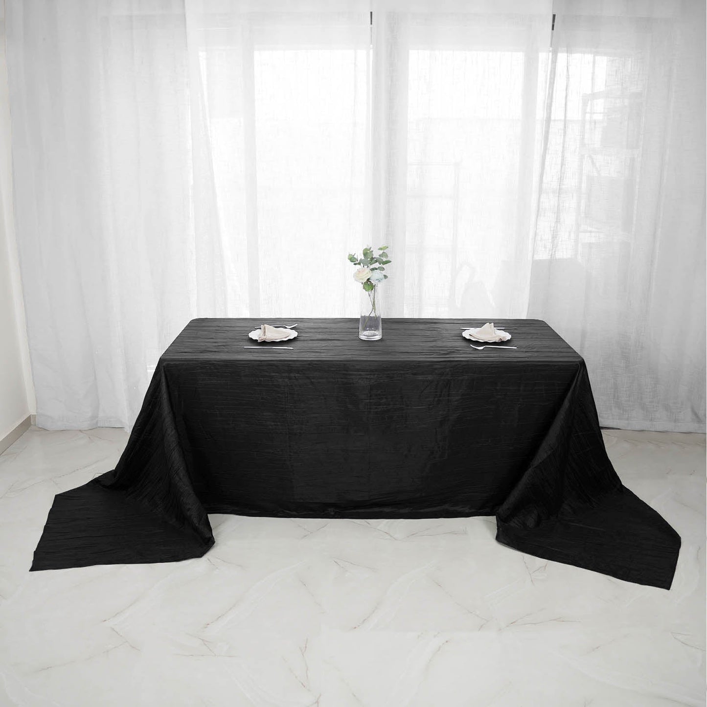 90"x156" Black Accordion Crinkle Taffeta Seamless Rectangular Tablecloth