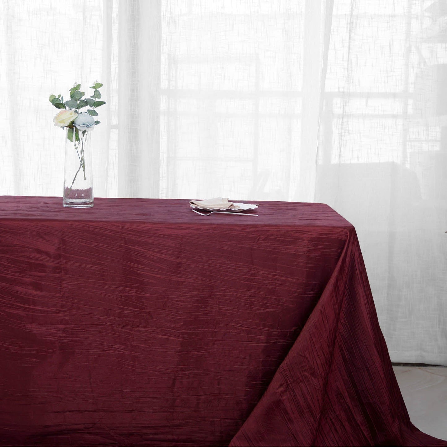 90 Inch x 156 Inch Rectangular Tablecloth Burgundy Accordion Crinkle Taffeta Fabric