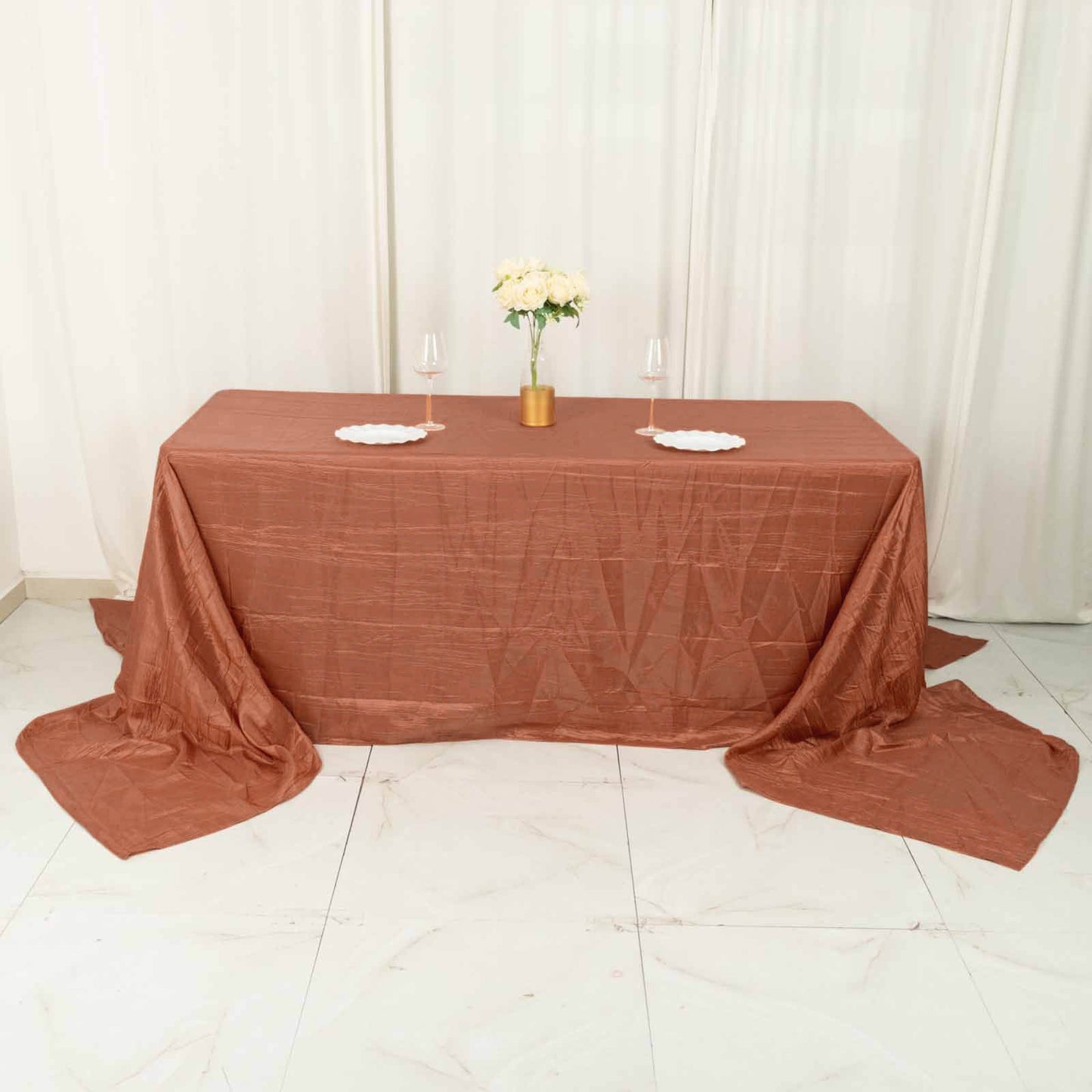 90"x156" Terracotta (Rust) Accordion Crinkle Taffeta Seamless Rectangular Tablecloth