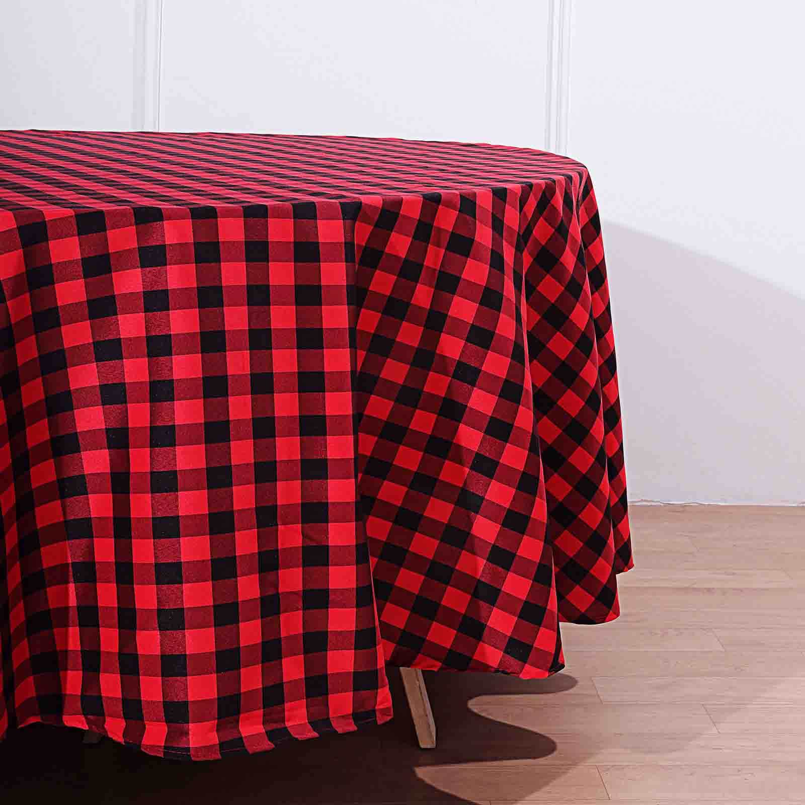 Round Polyester Buffalo Plaid Tablecloth 108 Inch Black and Red