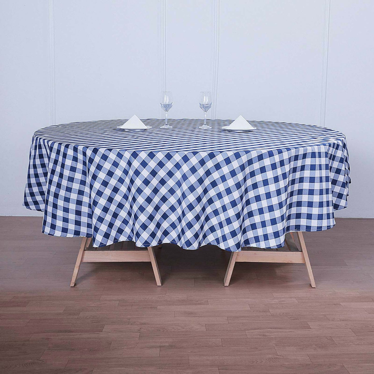 Round Polyester Buffalo Plaid Polyester Tablecloth 180 Inch White and Navy Blue