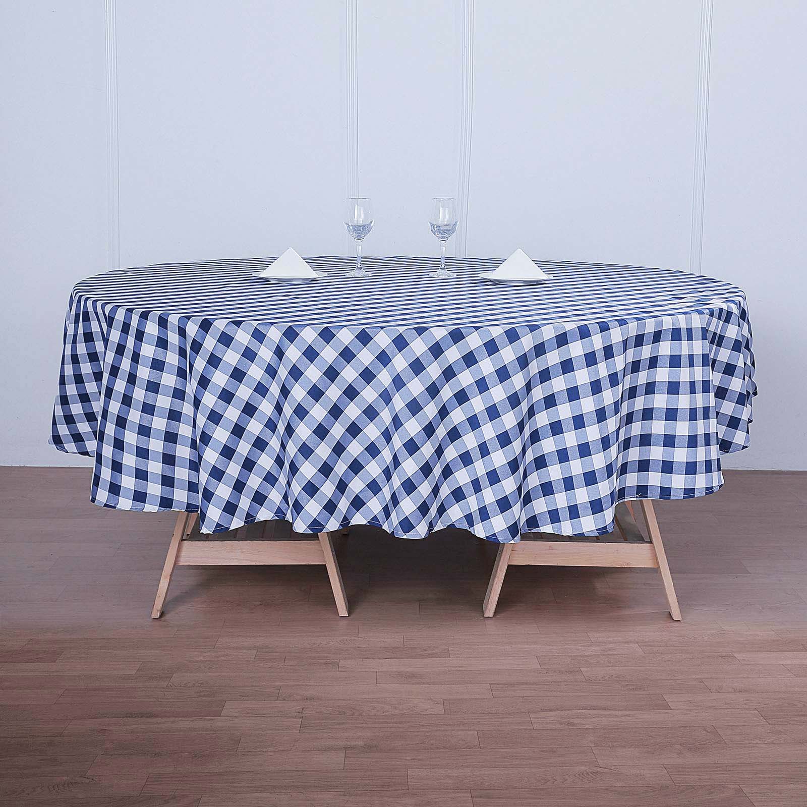 Round Polyester Buffalo Plaid Polyester Tablecloth 180 Inch White and Navy Blue