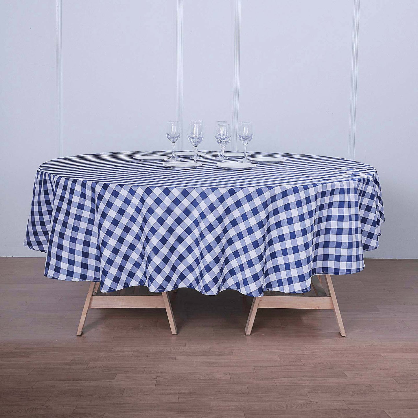 108" | White/Navy Blue Buffalo Plaid Round Tablecloth, Checkered Gingham Polyester Tablecloth
