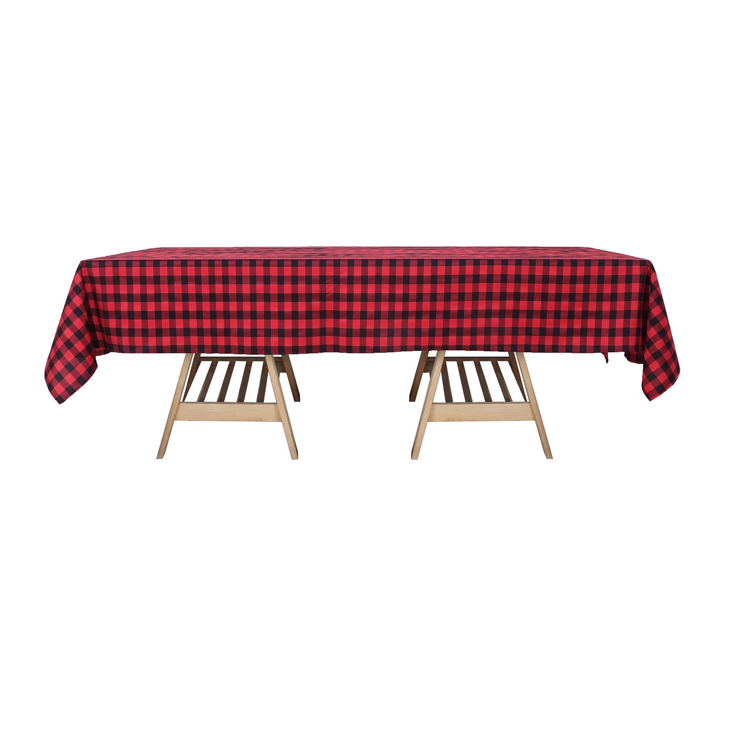 Black/Red Buffalo Plaid Rectangle Tablecloth on a wooden table.