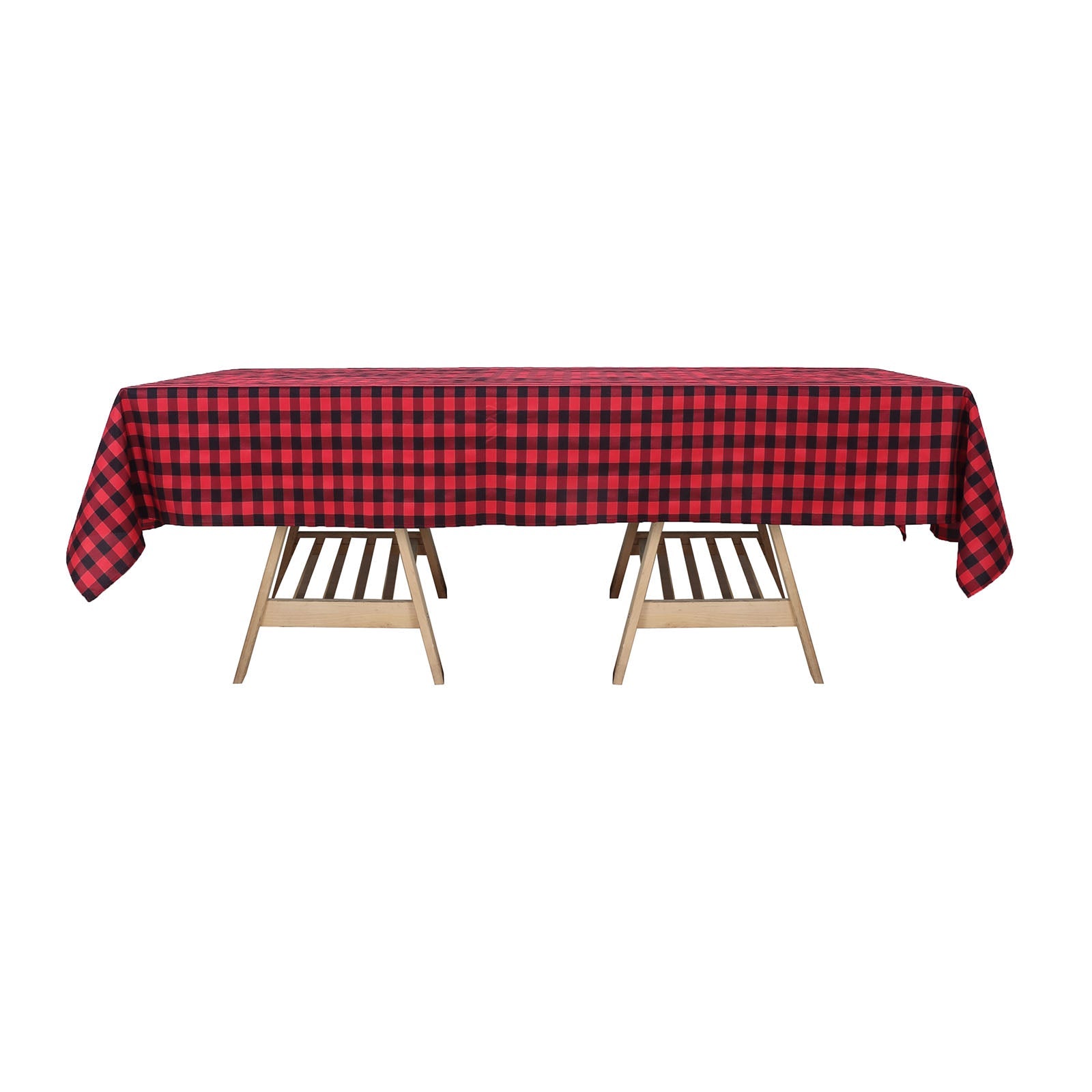 Black/Red Buffalo Plaid Rectangle Tablecloth on a wooden table.