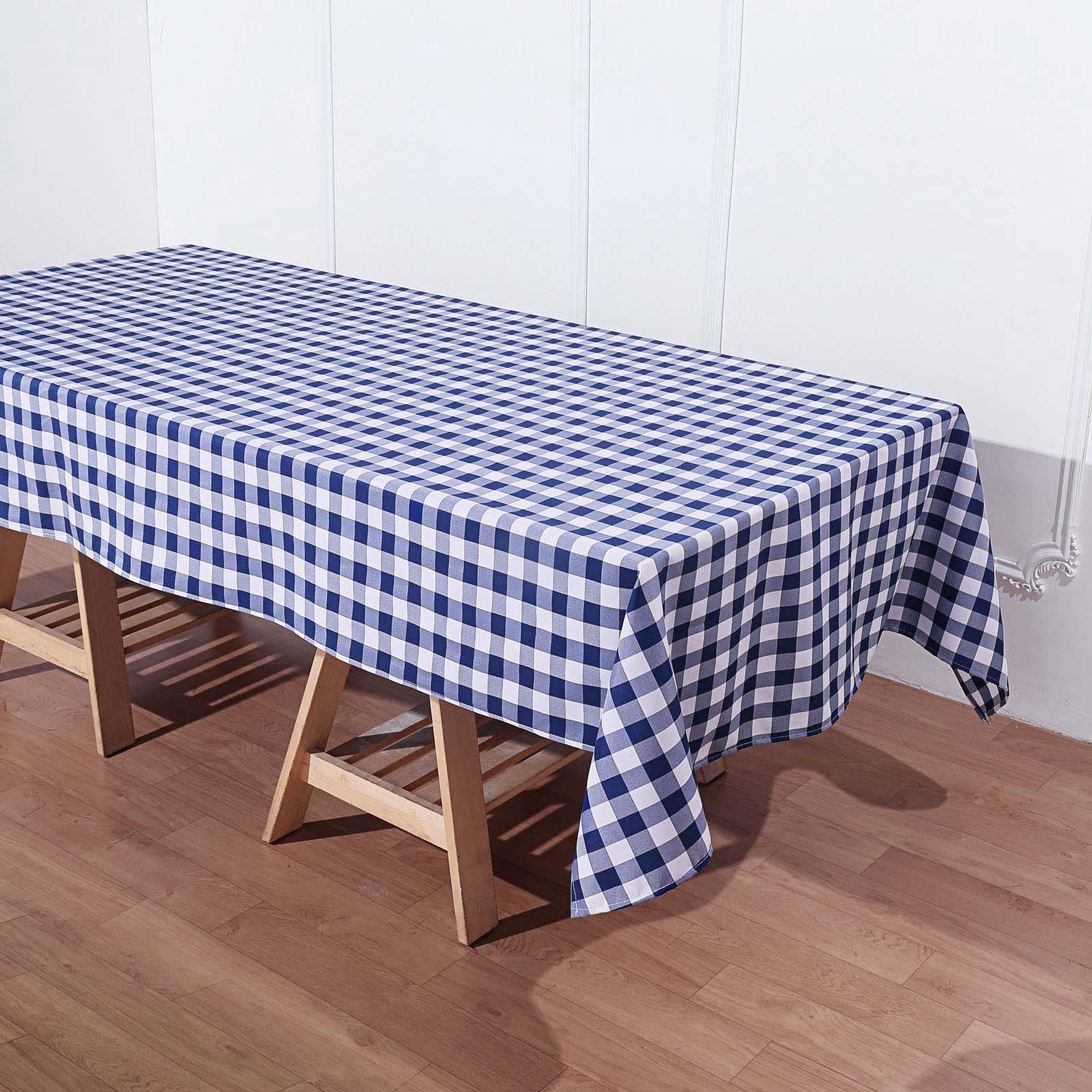 Rectangular Checkered Tablecloth 60 Inch x 102 Inch Polyester White and Navy Blue