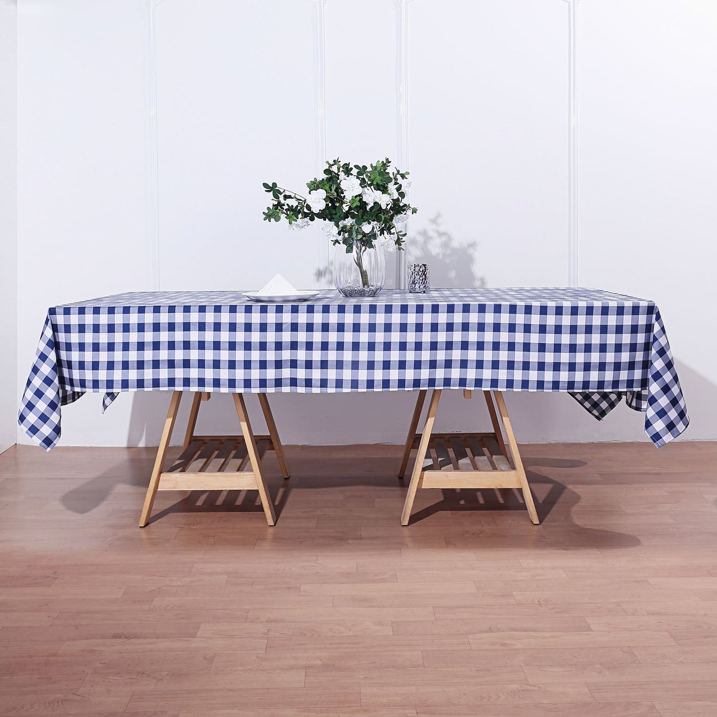 Buffalo Plaid Checkered Tablecloth in White and Navy Blue 60 Inch x 102 Inch
