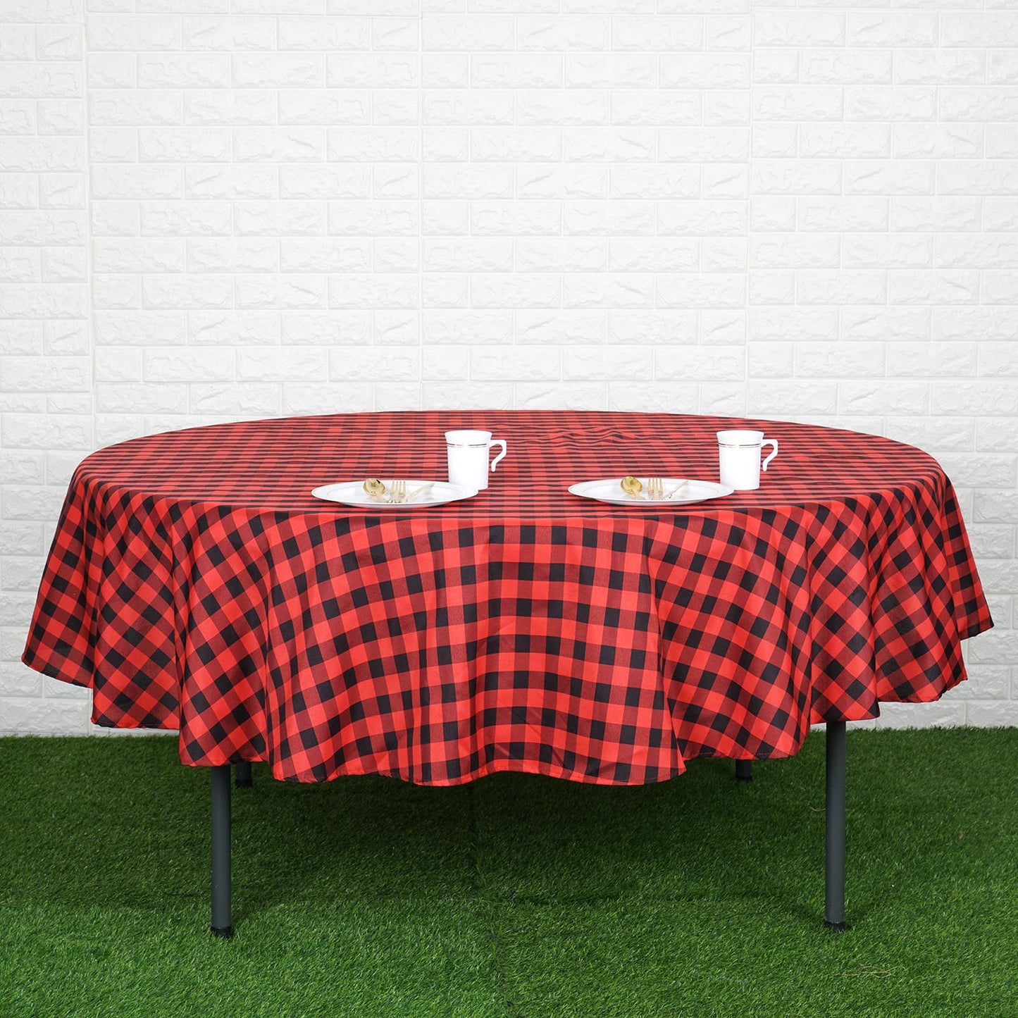 90" | Black/Red Buffalo Plaid Round Tablecloth, Gingham Polyester Checkered Tablecloth