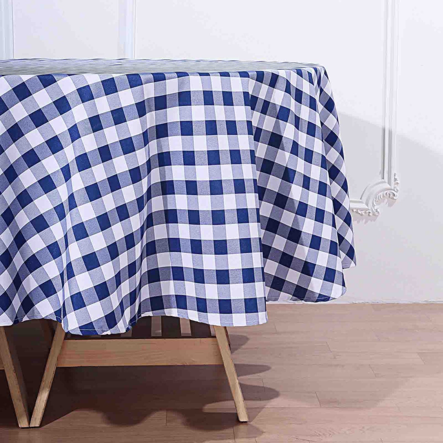 90 Inch Round Checkered Polyester Buffalo Plaid Tablecloth White & Navy Blue