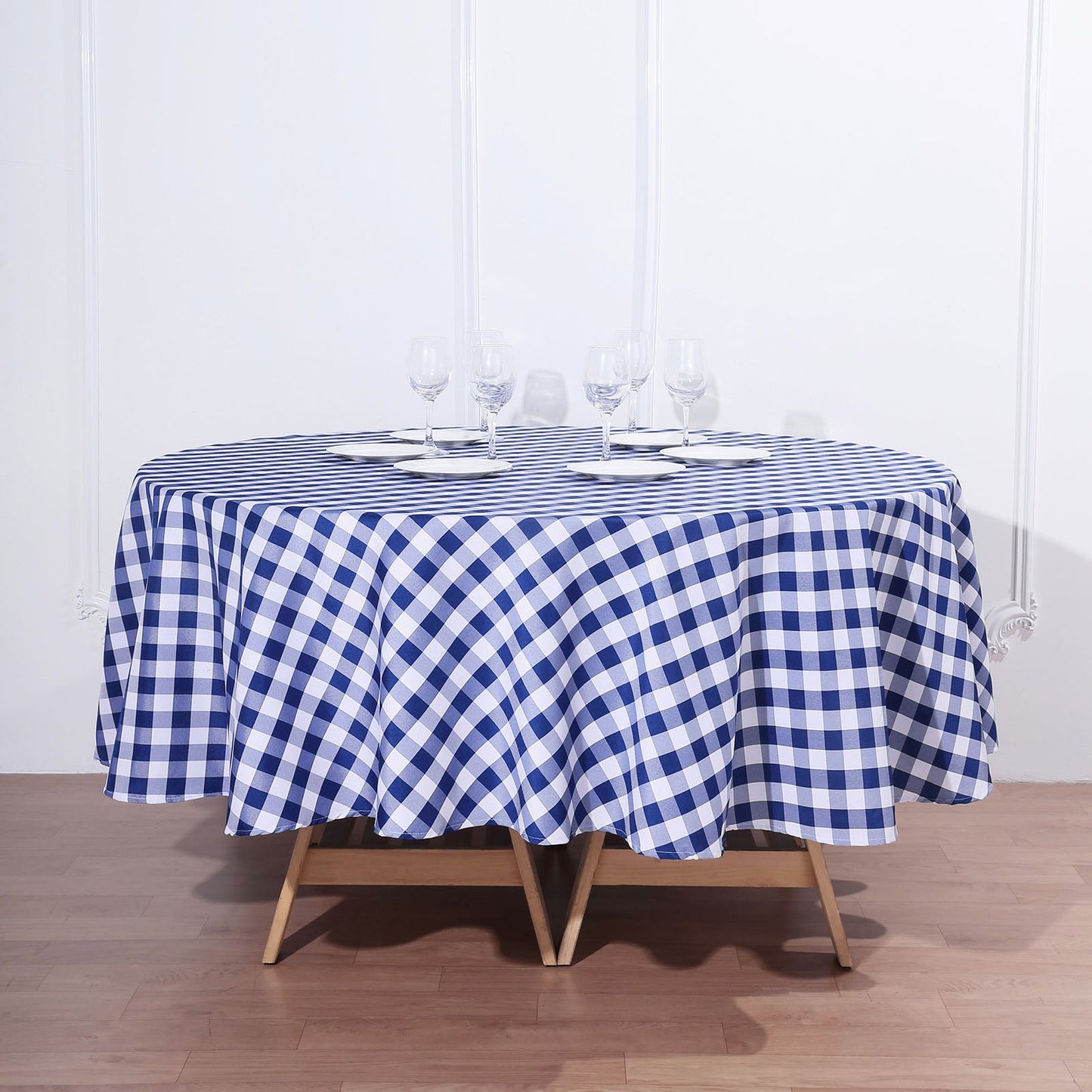 90" | White/Navy Blue Buffalo Plaid Round Tablecloth, Gingham Polyester Checkered Tablecloth