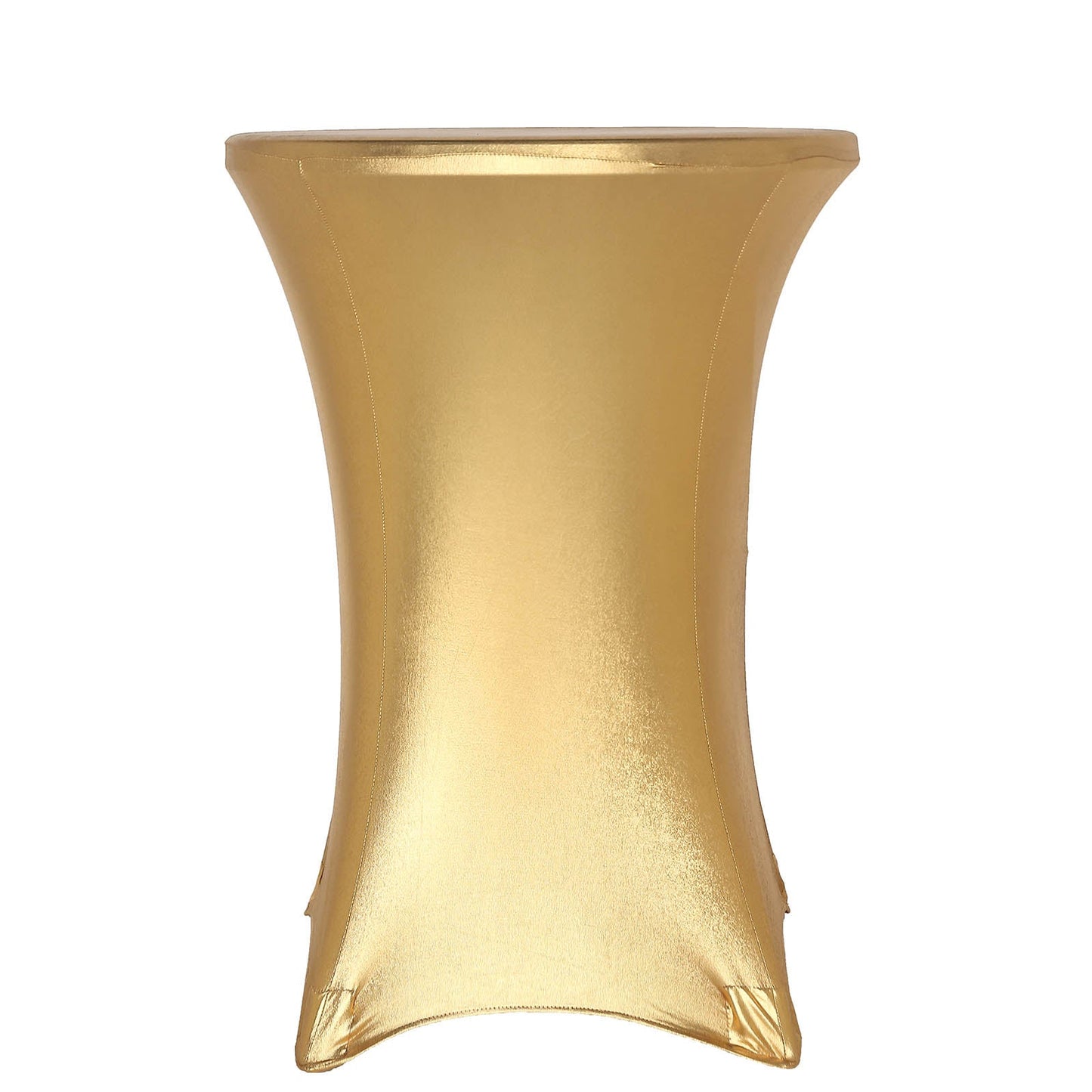 Gold fitted round cocktail table cover for highboy tables. Stretch fit and water-resistant.