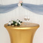 Gold fitted round cocktail table cover with water-resistant stretch fit.