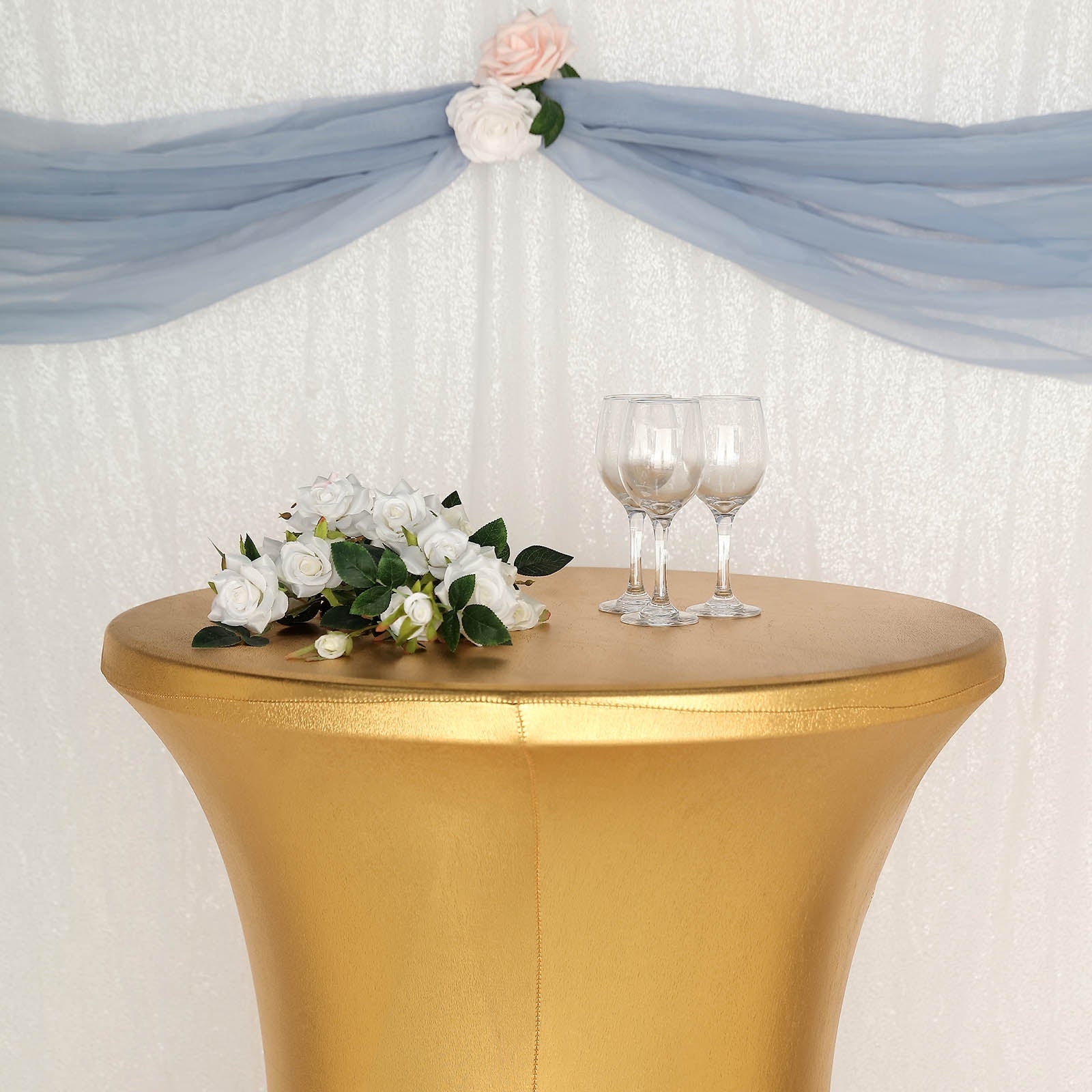 Gold fitted round cocktail table cover with water-resistant stretch fit.