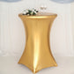 Gold fitted round cocktail table cover on a highboy table.