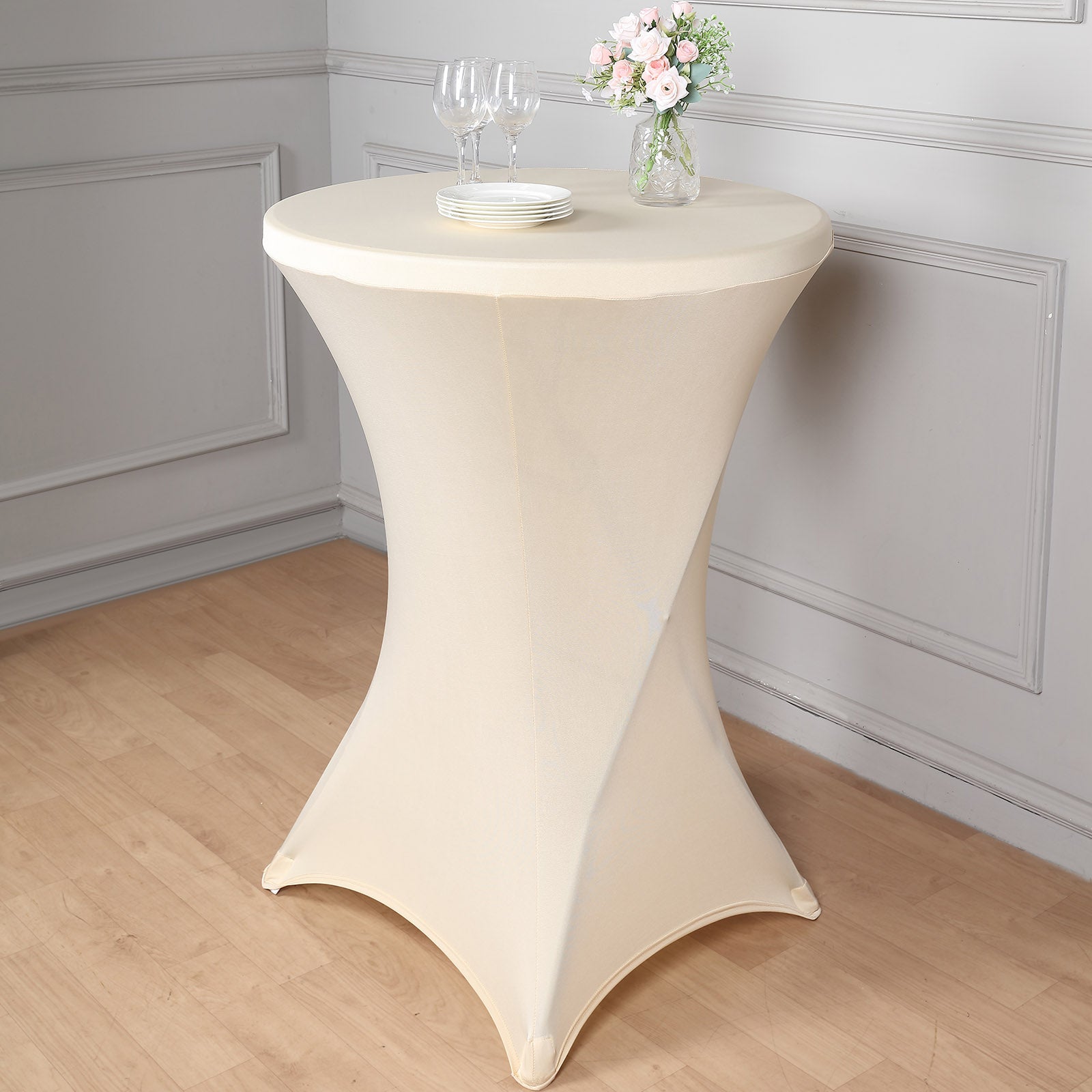 Beige Highboy Spandex Cocktail Table Cover, Fitted Stretch Tablecloth for 24"-32" Dia High Top Tables
