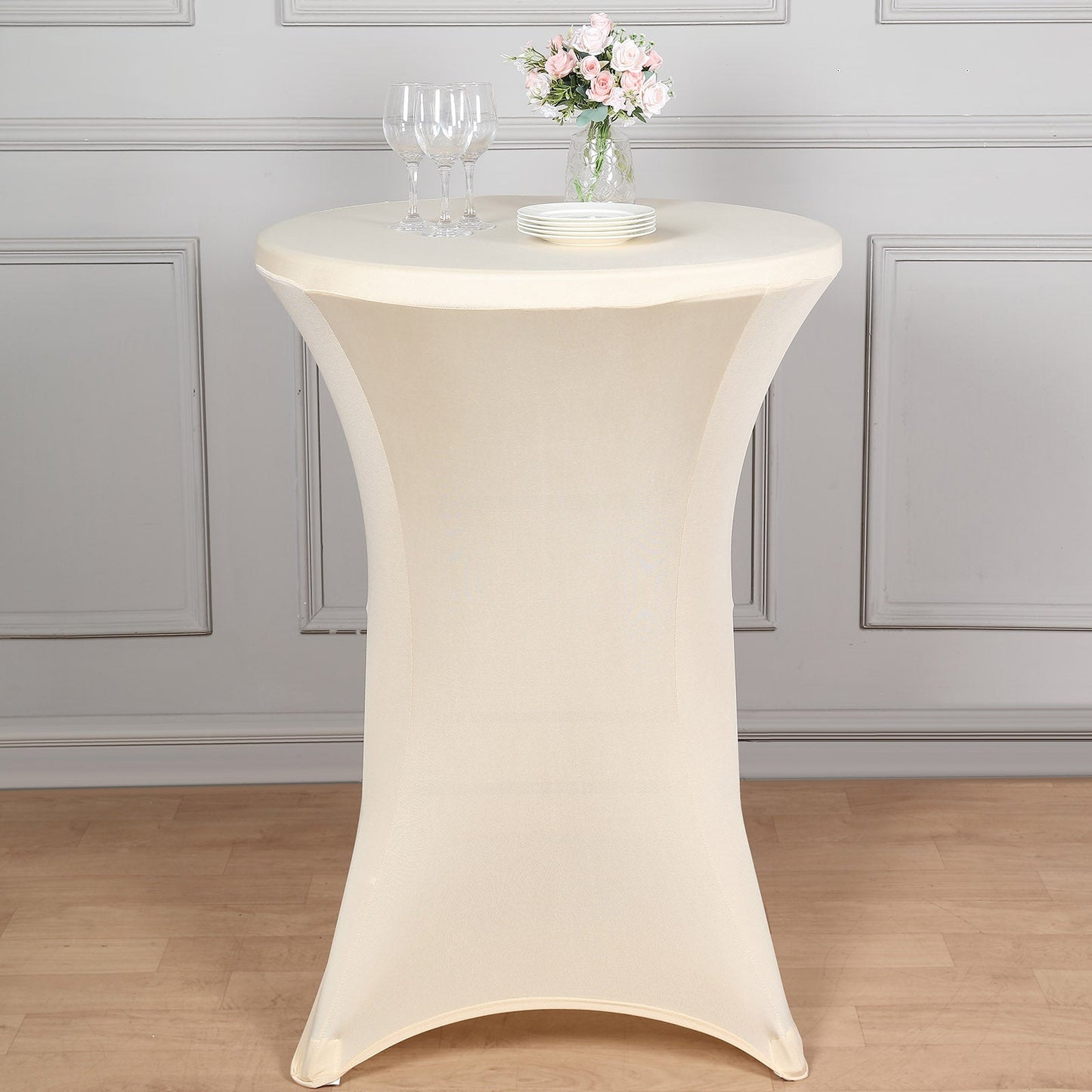 Beige Highboy Spandex Cocktail Table Cover, Fitted Stretch Tablecloth for 30" Dia High Top Tables