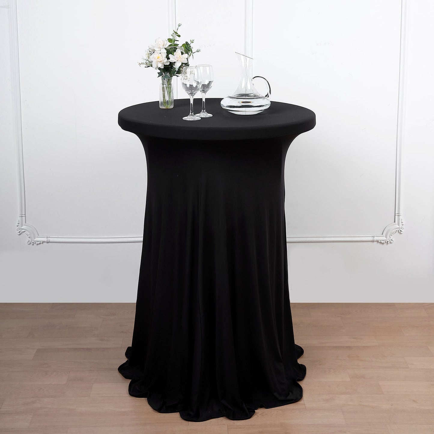 Black Spandex Cocktail Table Cover With Natural Wavy Drapes Round 