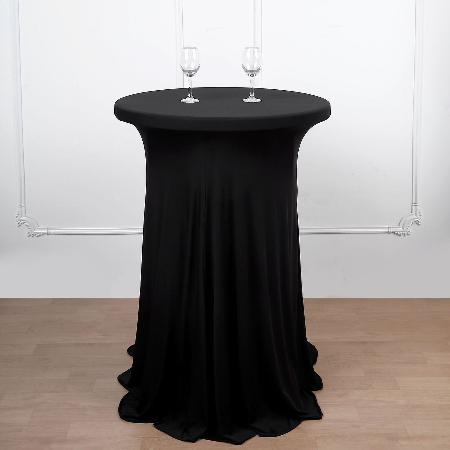 Spandex 30" Round Cocktail Table Cover Skirt Black With Natural Wavy Drapes
