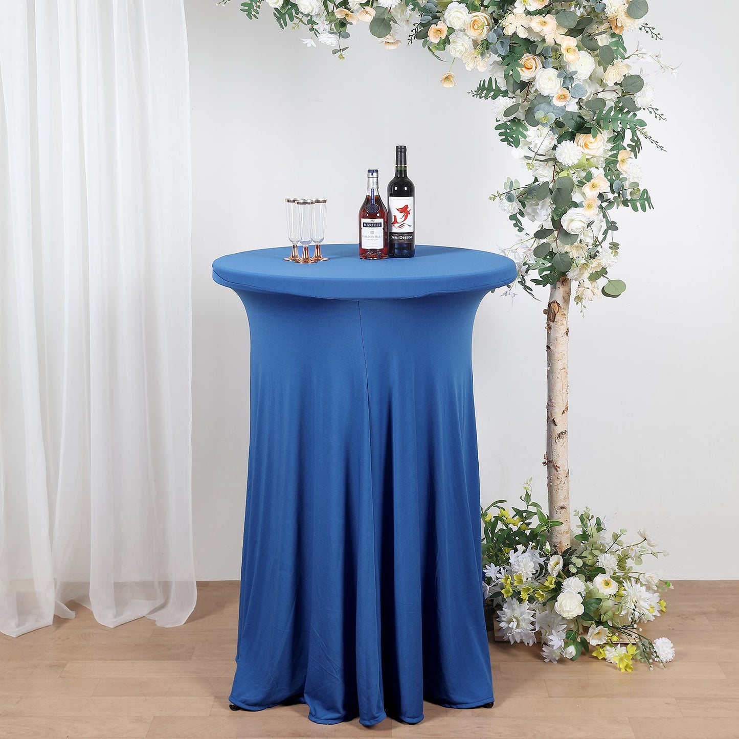 Round Royal Blue Heavy Duty Spandex Tablecloth With Wavy Natural Drapes