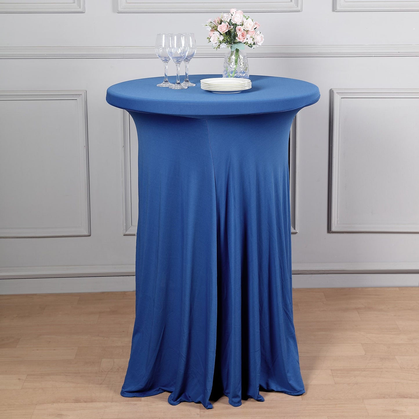 Spandex 30" Round Cocktail Table Cover Skirt Royal Blue With Natural Wavy Drapes