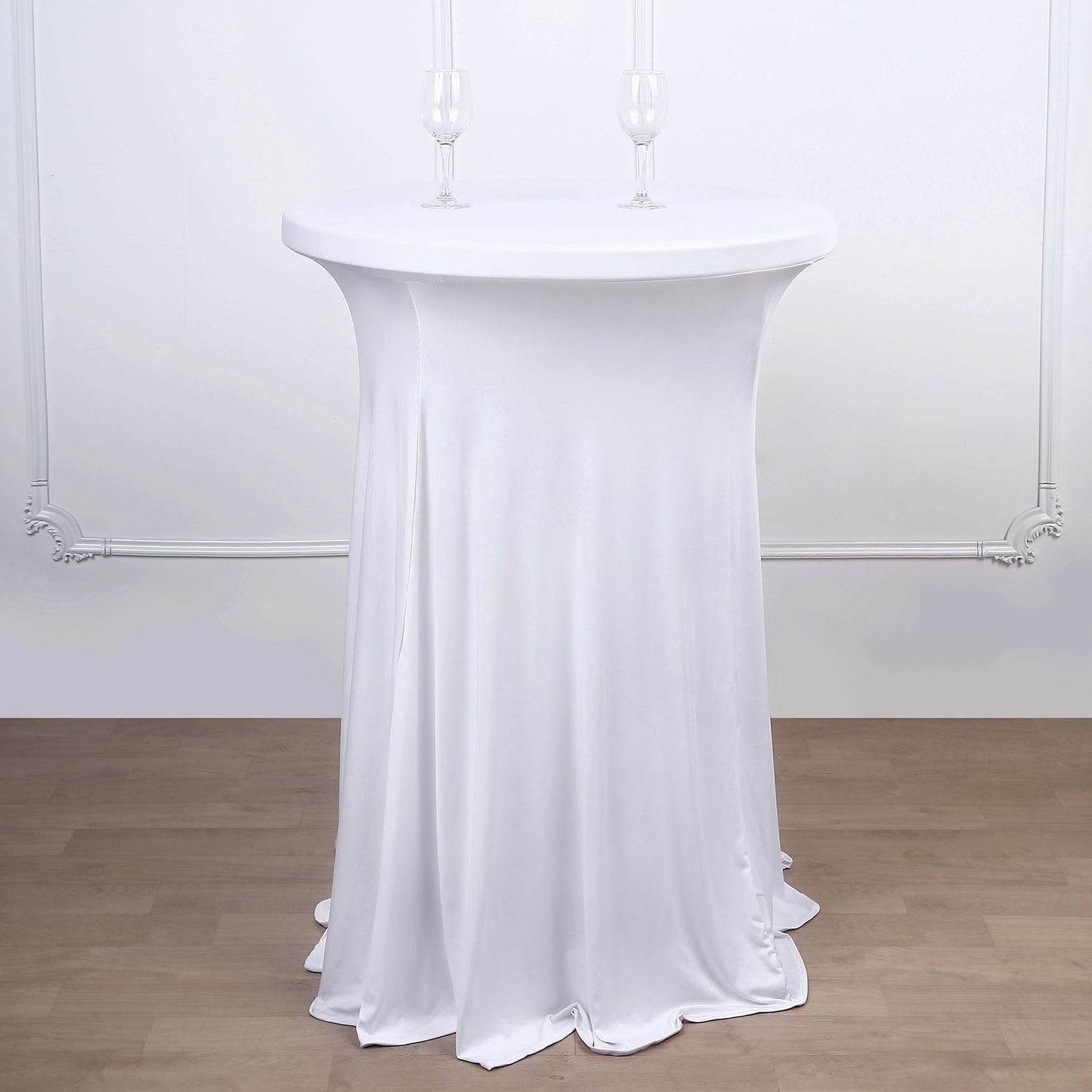 Spandex 30" Round Cocktail Table Cover Skirt White With Natural Wavy Drapes
